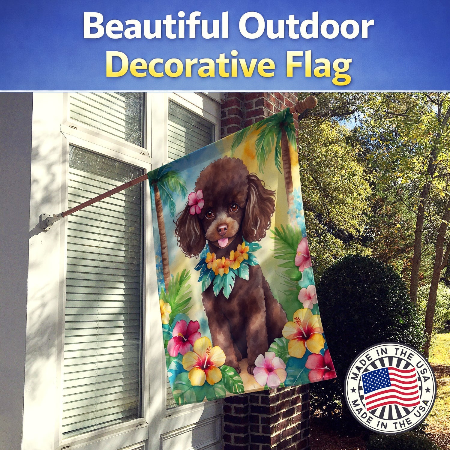 Chocolate Poodle Luau House Flag 28x40 Porch Sleeve Pole Decorative Outside Yard Banner Artwork Wall Hanging, Polyester