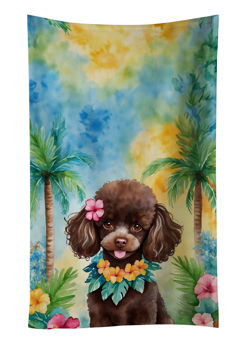 Chocolate Poodle Luau Kitchen Towel Velour Plush Front and Cotton Loop Back Machine Washable