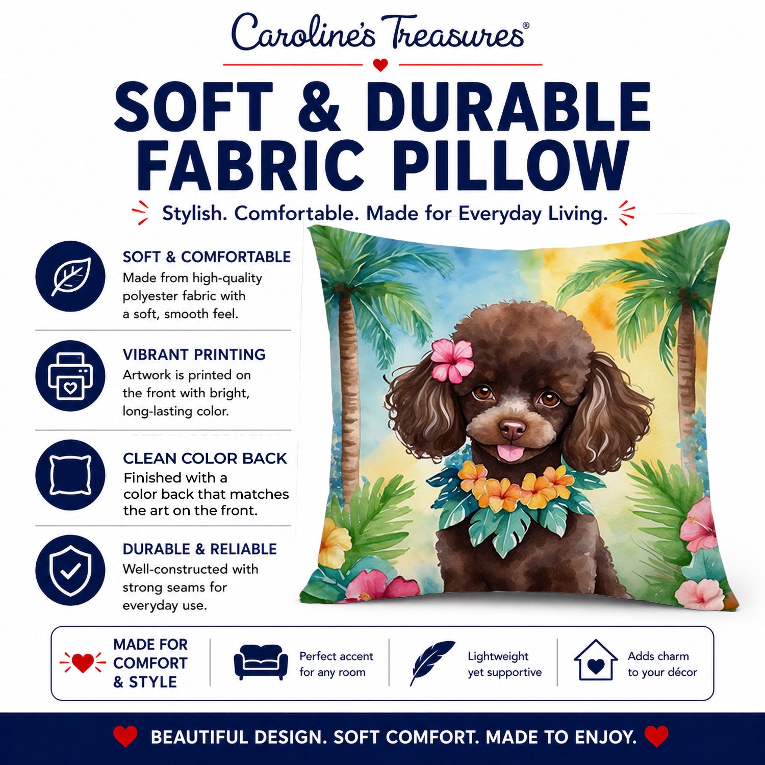 Chocolate Poodle Luau Decorative Throw Pillow 14x14 Indoor Outdoor Accent Cushion, Fabric Cover with Insert for Sofa, Bed, Porch & Living Room