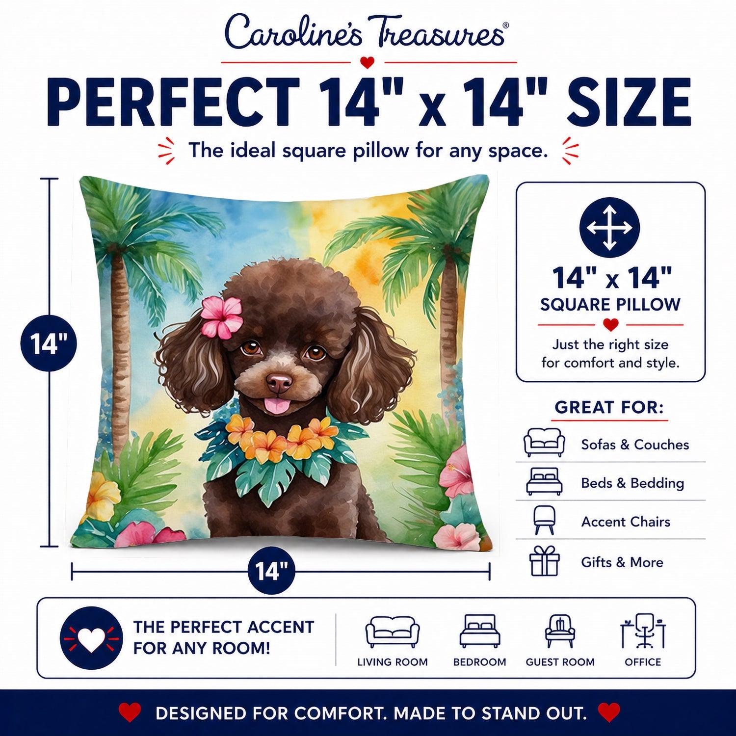 Chocolate Poodle Luau Decorative Throw Pillow 14x14 Indoor Outdoor Accent Cushion, Fabric Cover with Insert for Sofa, Bed, Porch & Living Room