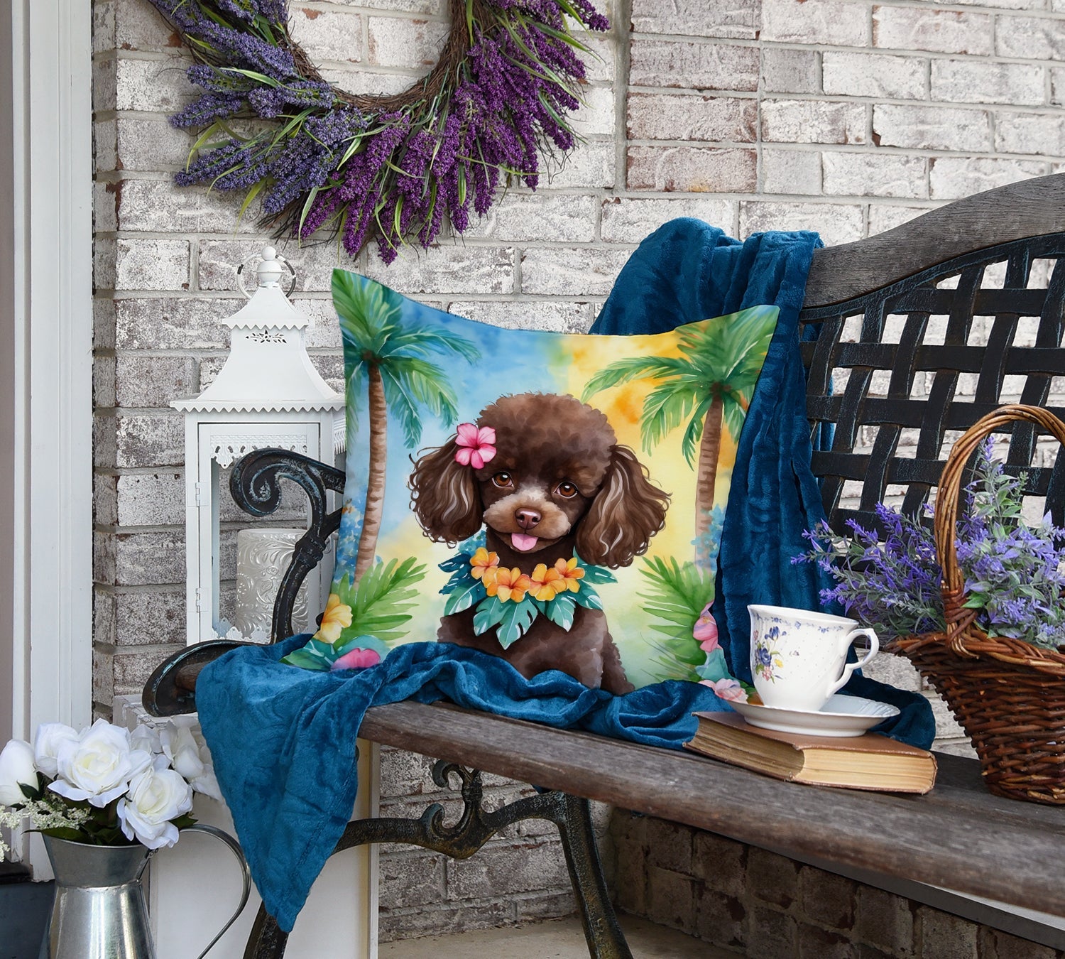 Chocolate Poodle Luau Decorative Throw Pillow 18x18 Indoor Outdoor Accent Cushion, Fabric Cover with Insert for Sofa, Bed, Porch & Living Room
