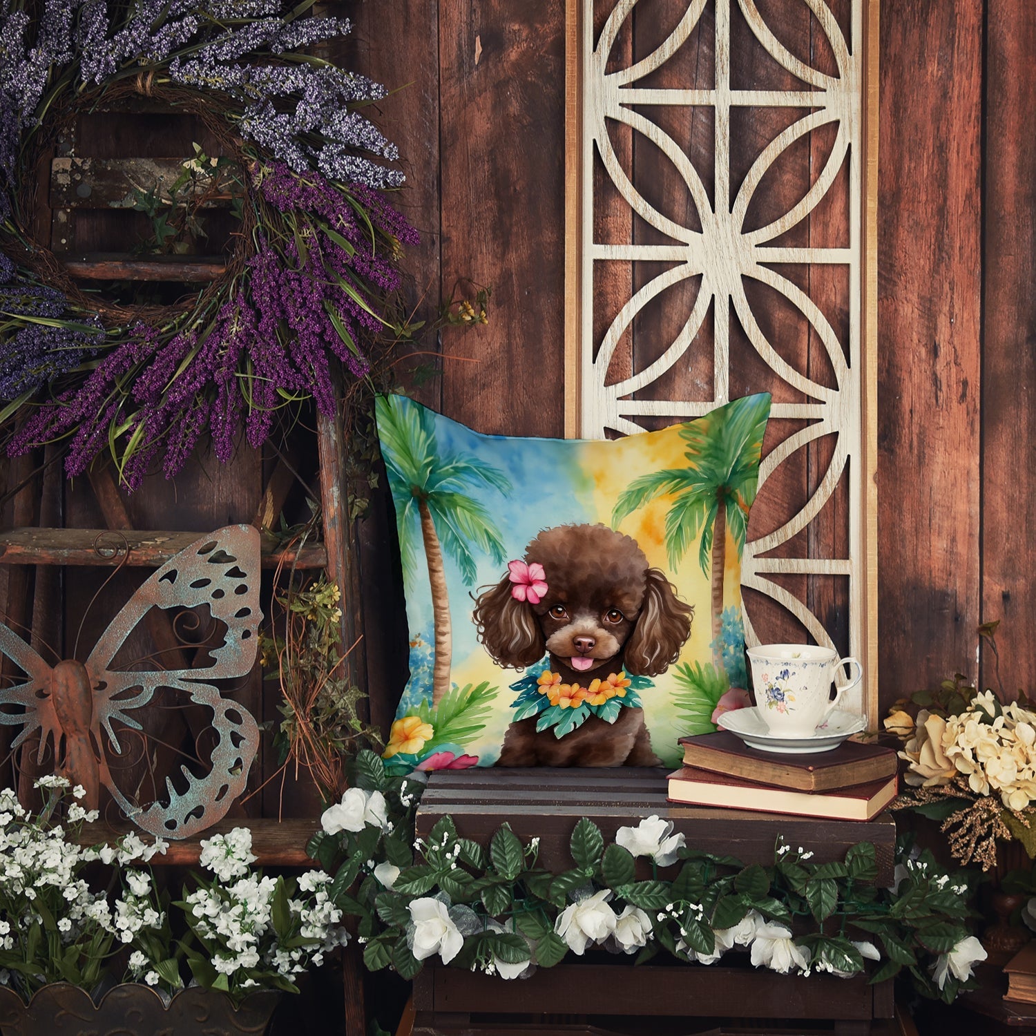 Chocolate Poodle Luau Decorative Throw Pillow 18x18 Indoor Outdoor Accent Cushion, Fabric Cover with Insert for Sofa, Bed, Porch & Living Room