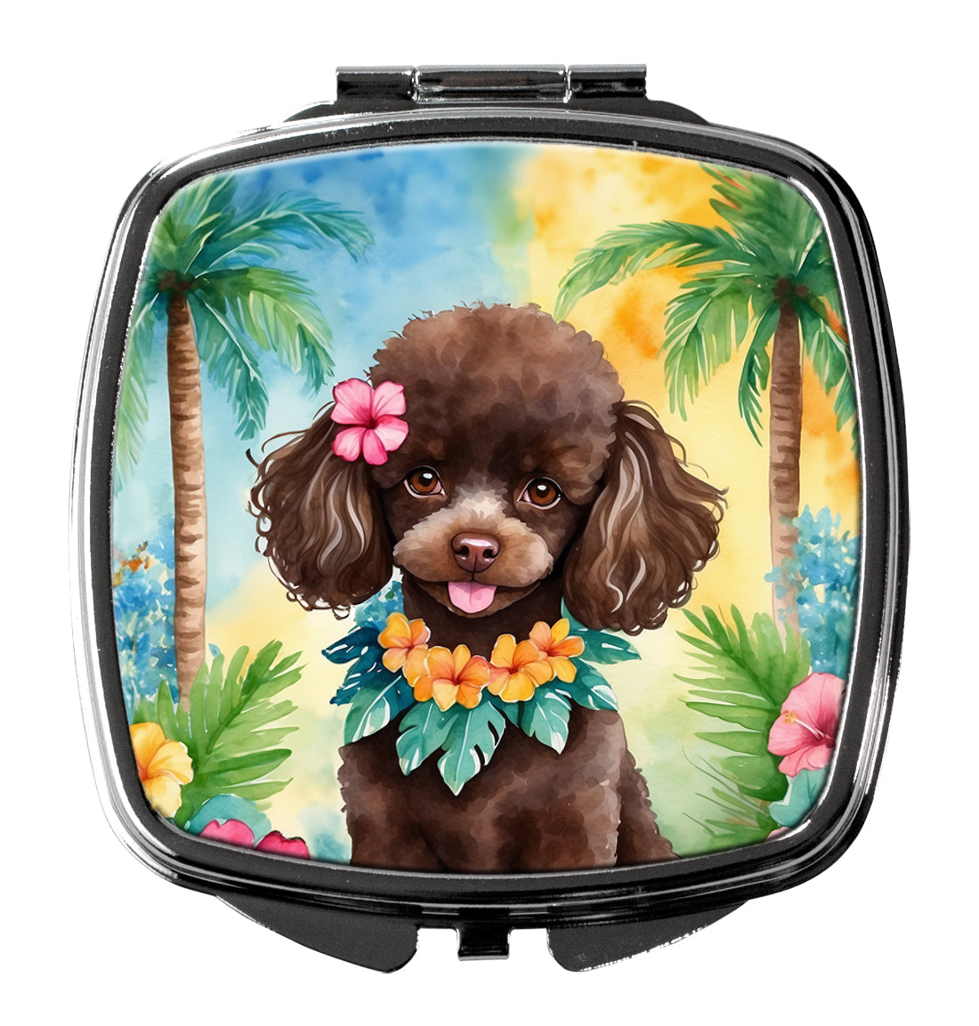 Chocolate Poodle Luau Compact Mirror Decorative Travel Makeup Mirror for Women Girls Gifts Pocket Makeup Mirror Folding Handheld