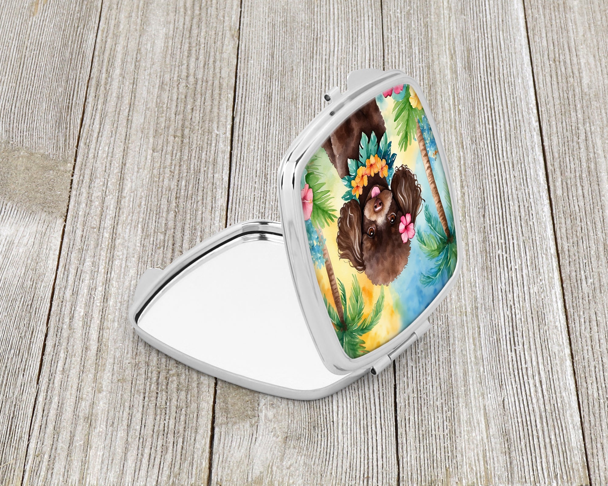 Chocolate Poodle Luau Compact Mirror Decorative Travel Makeup Mirror for Women Girls Gifts Pocket Makeup Mirror Folding Handheld