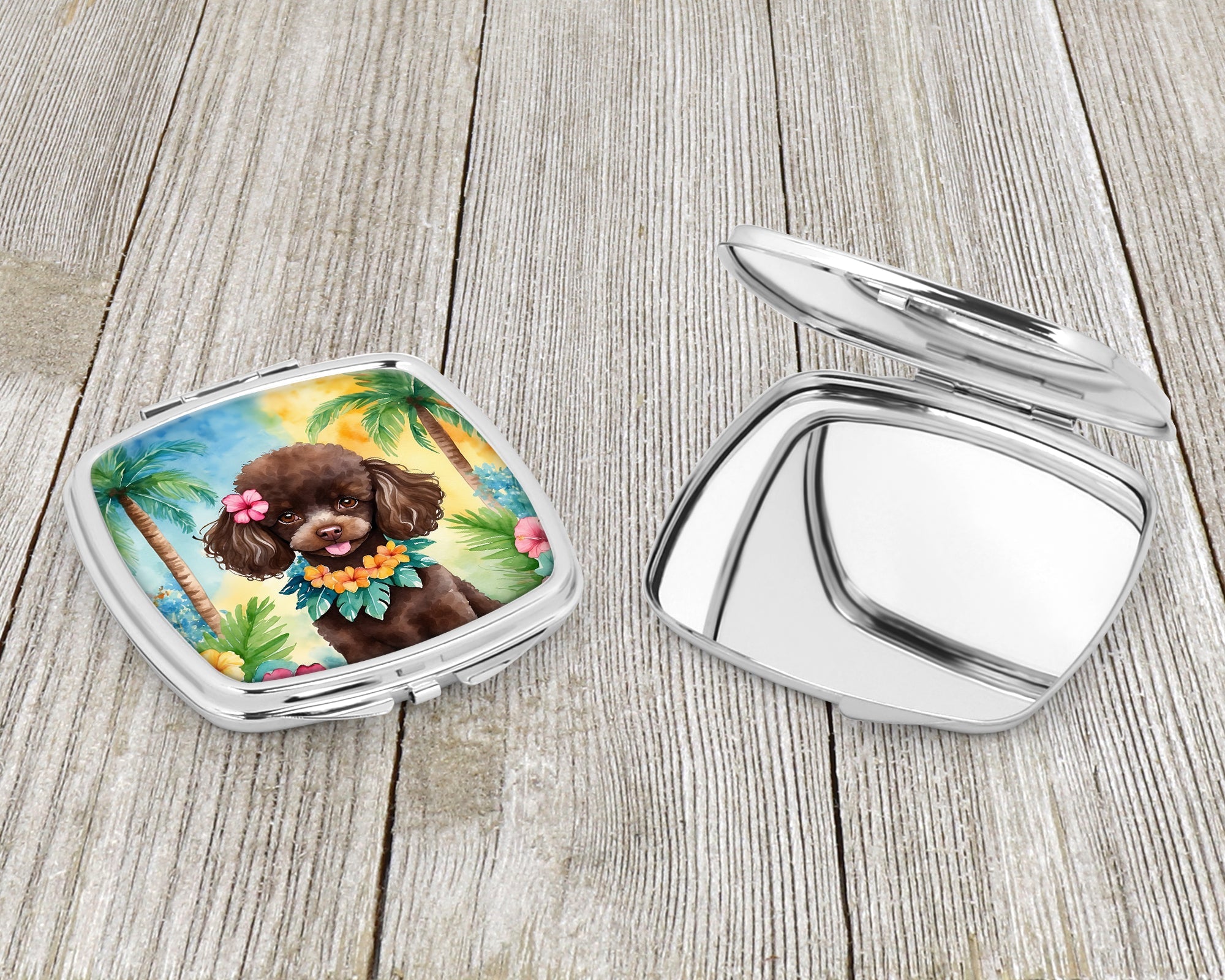 Chocolate Poodle Luau Compact Mirror Decorative Travel Makeup Mirror for Women Girls Gifts Pocket Makeup Mirror Folding Handheld
