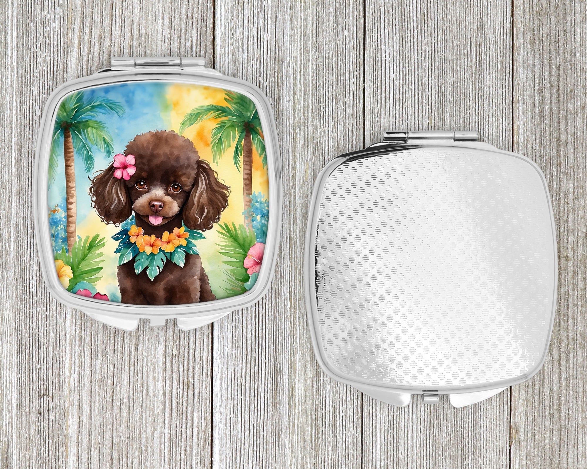 Chocolate Poodle Luau Compact Mirror Decorative Travel Makeup Mirror for Women Girls Gifts Pocket Makeup Mirror Folding Handheld