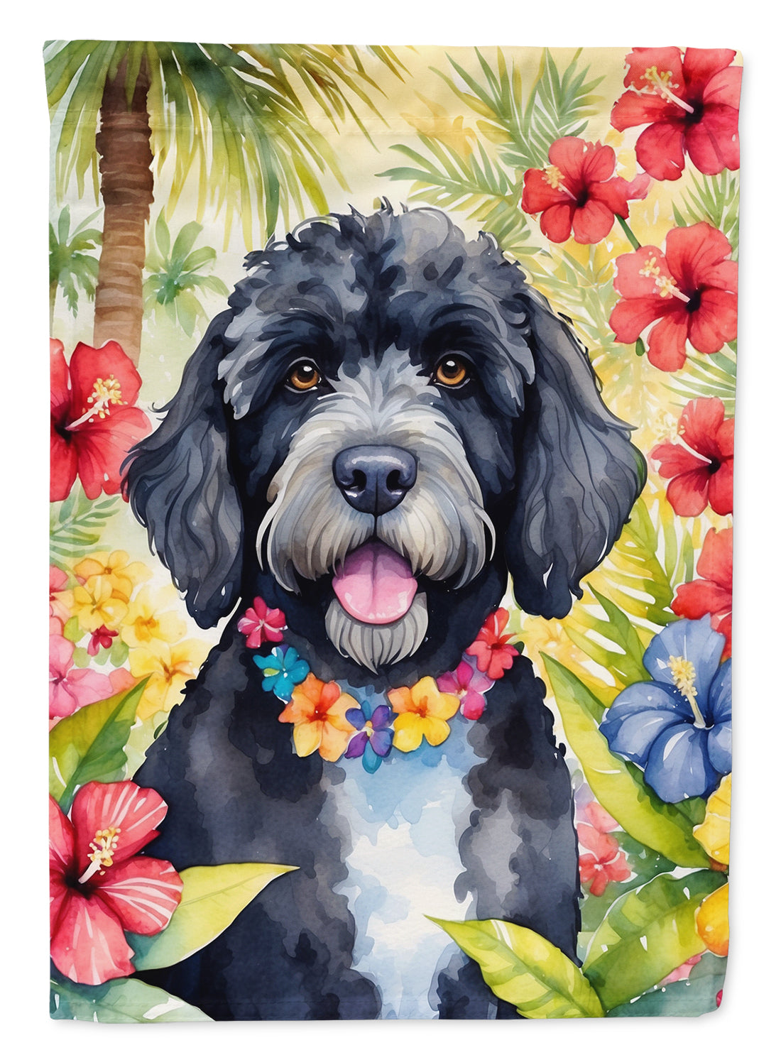 Portuguese Water Dog Luau House Flag 28x40 Porch Sleeve Pole Decorative Outside Yard Banner Artwork Wall Hanging, Polyester
