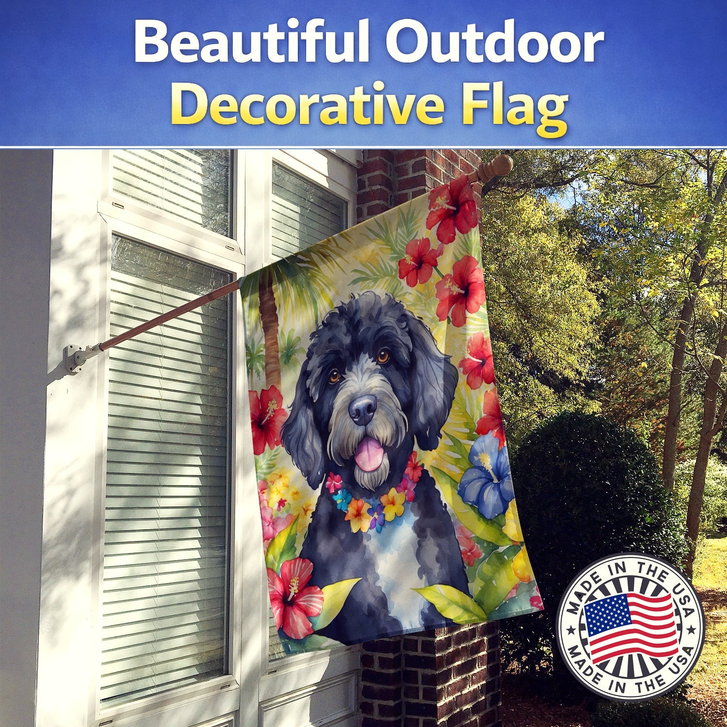 Portuguese Water Dog Luau House Flag 28x40 Porch Sleeve Pole Decorative Outside Yard Banner Artwork Wall Hanging, Polyester
