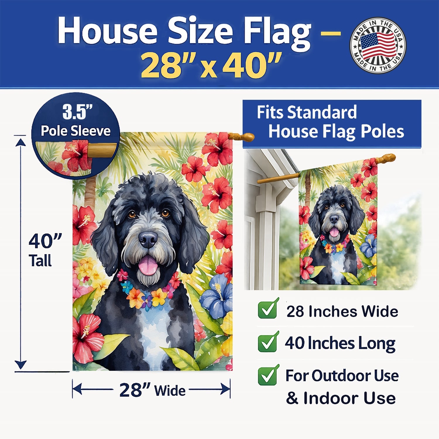 Portuguese Water Dog Luau House Flag 28x40 Porch Sleeve Pole Decorative Outside Yard Banner Artwork Wall Hanging, Polyester
