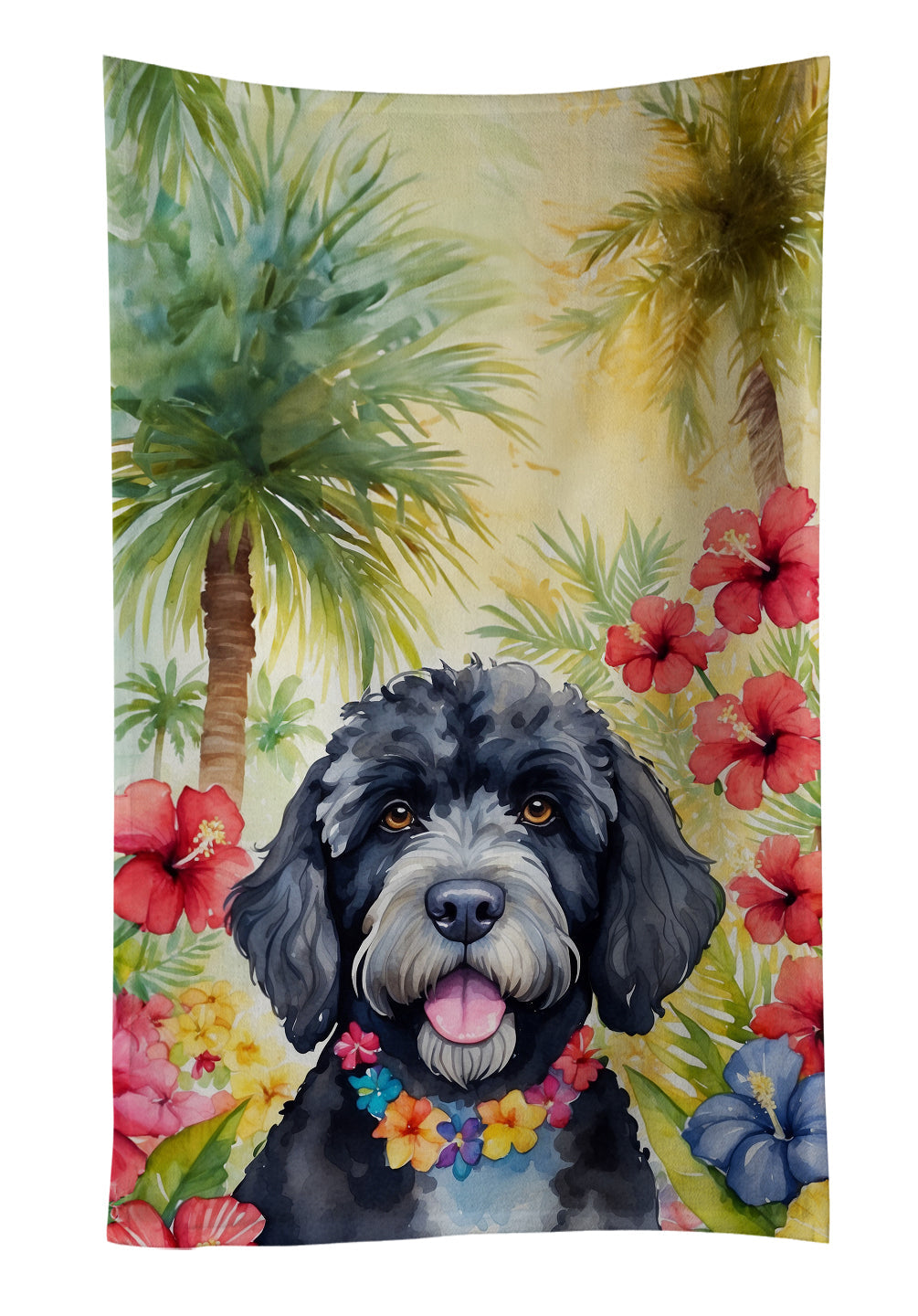 Portuguese Water Dog Luau Kitchen Towel Velour Plush Front and Cotton Loop Back Machine Washable