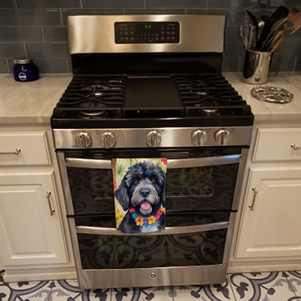 Portuguese Water Dog Luau Kitchen Towel Velour Plush Front and Cotton Loop Back Machine Washable