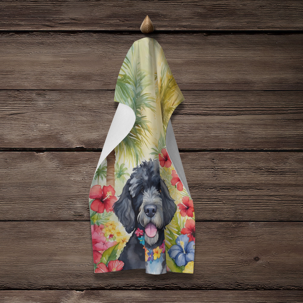 Portuguese Water Dog Luau Kitchen Towel Velour Plush Front and Cotton Loop Back Machine Washable