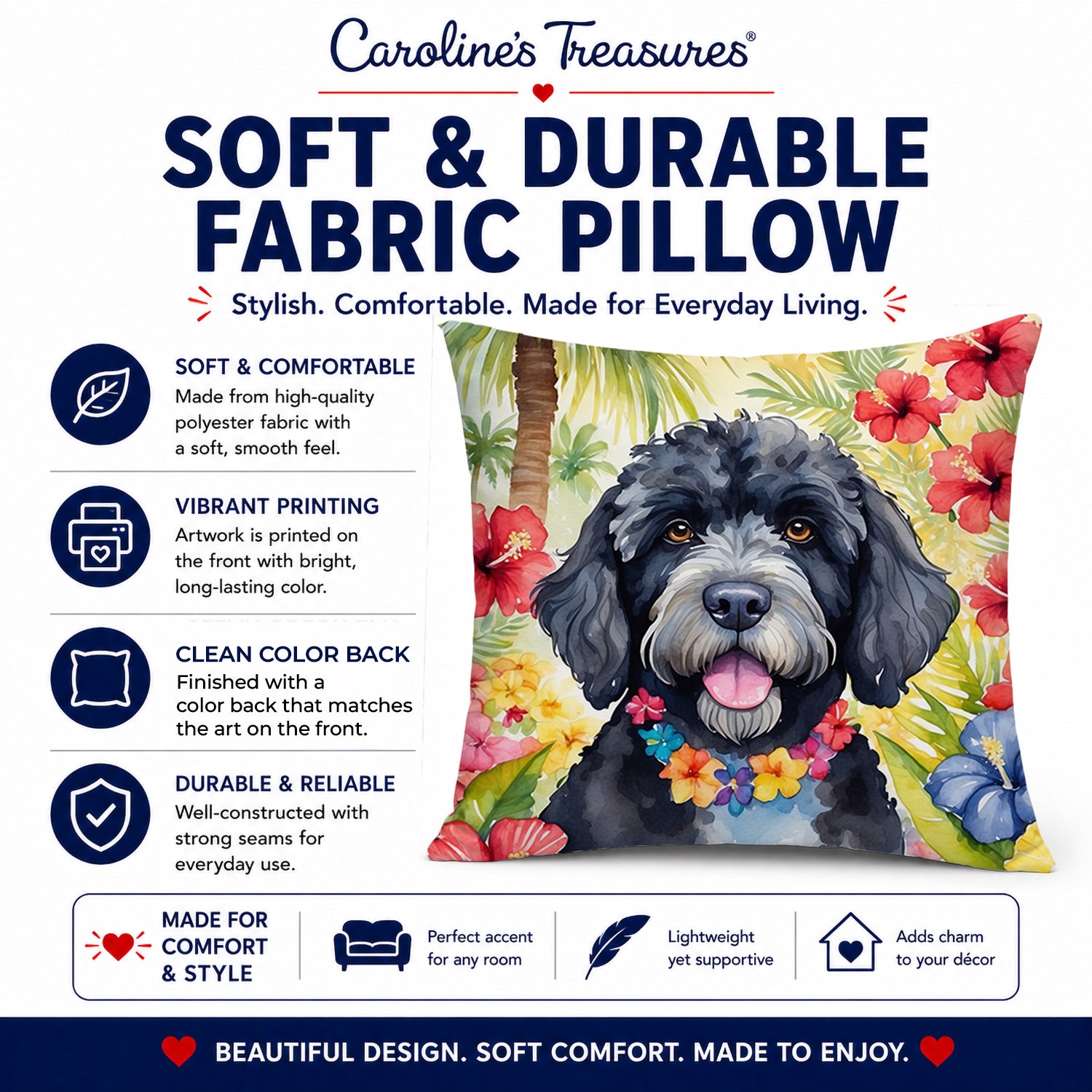 Portuguese Water Dog Luau Decorative Throw Pillow 14x14 Indoor Outdoor Accent Cushion, Fabric Cover with Insert for Sofa, Bed, Porch & Living Room