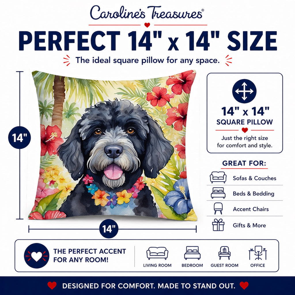 Portuguese Water Dog Luau Decorative Throw Pillow 14x14 Indoor Outdoor Accent Cushion, Fabric Cover with Insert for Sofa, Bed, Porch & Living Room