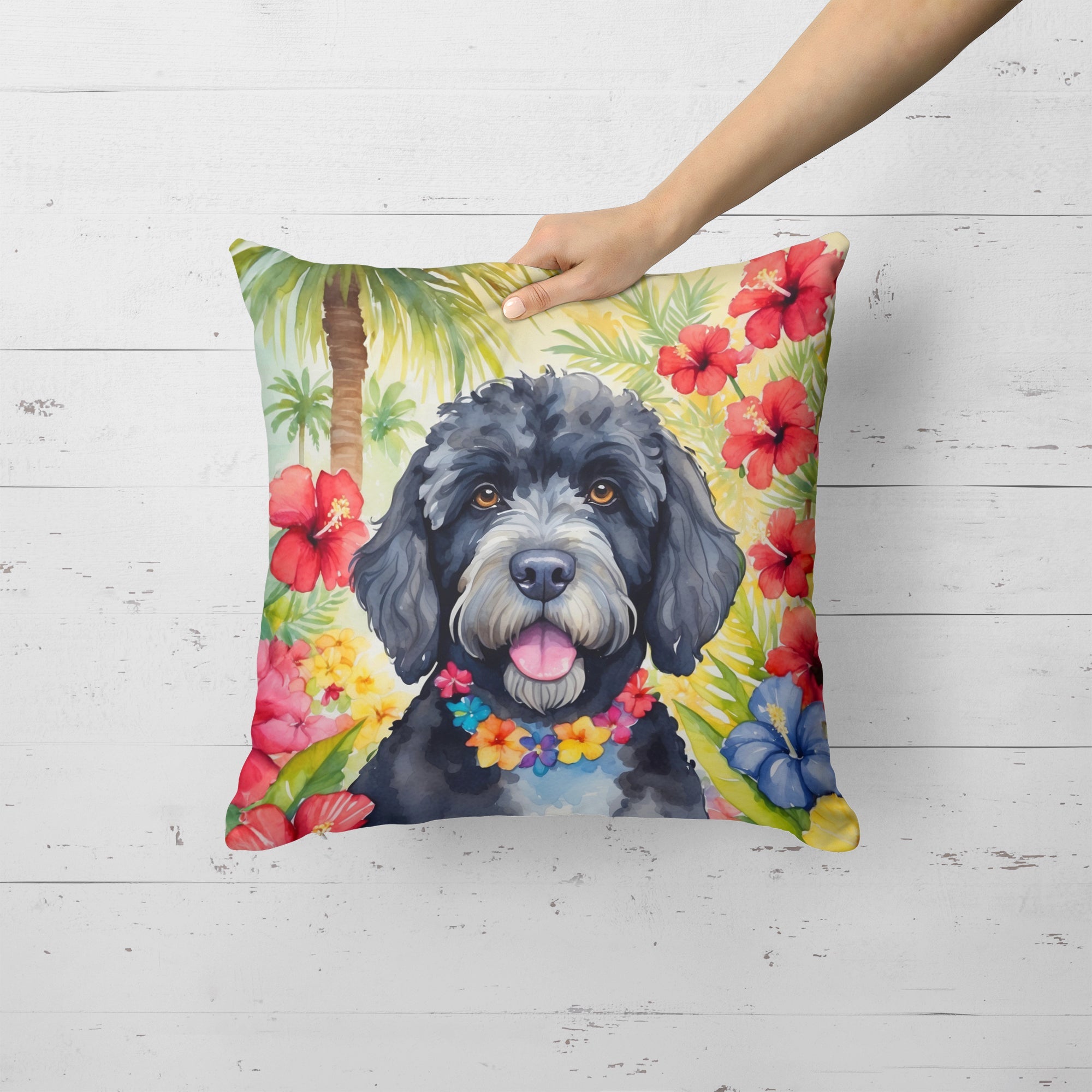 Portuguese Water Dog Luau Decorative Throw Pillow 18x18 Indoor Outdoor Accent Cushion, Fabric Cover with Insert for Sofa, Bed, Porch & Living Room