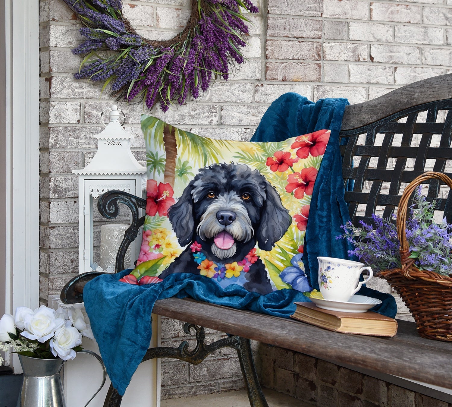 Portuguese Water Dog Luau Decorative Throw Pillow 18x18 Indoor Outdoor Accent Cushion, Fabric Cover with Insert for Sofa, Bed, Porch & Living Room