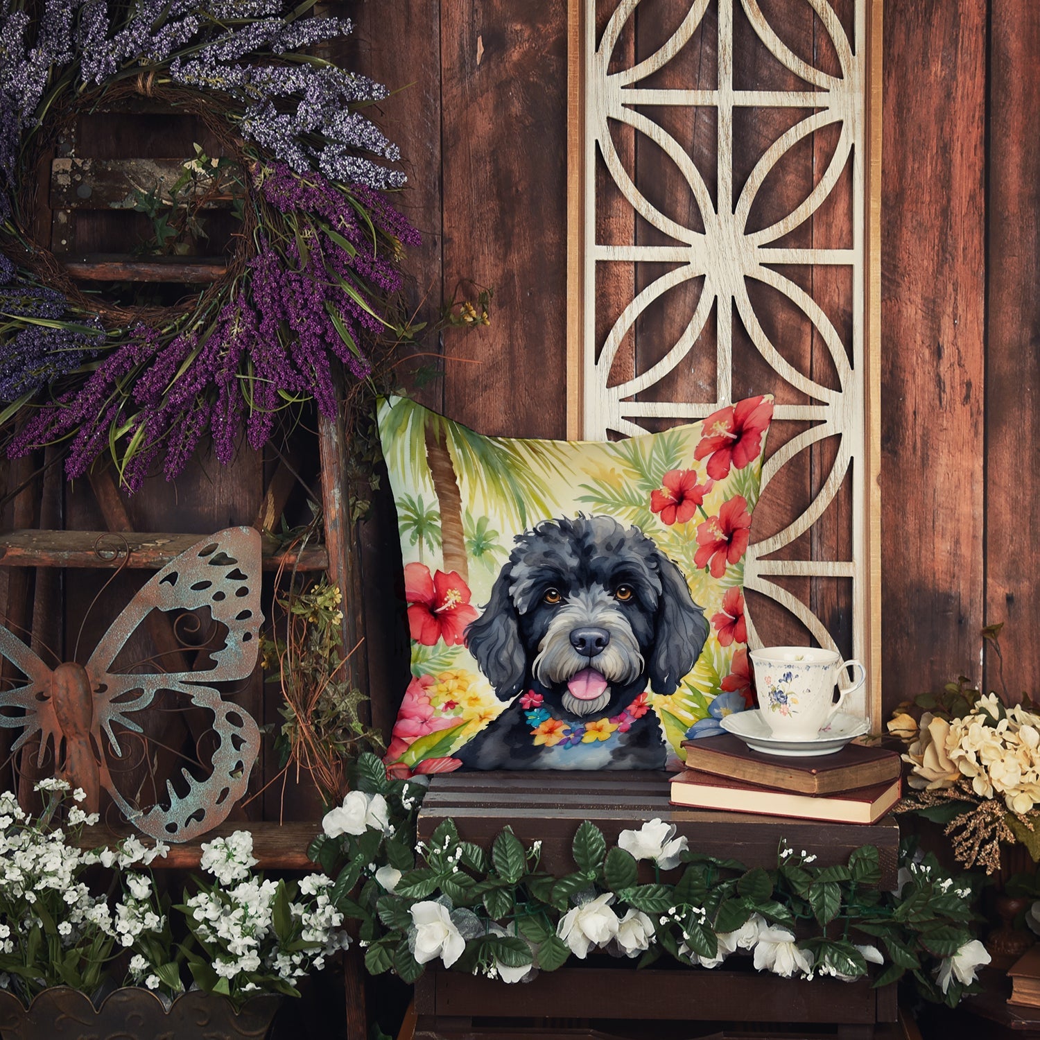 Portuguese Water Dog Luau Decorative Throw Pillow 18x18 Indoor Outdoor Accent Cushion, Fabric Cover with Insert for Sofa, Bed, Porch & Living Room