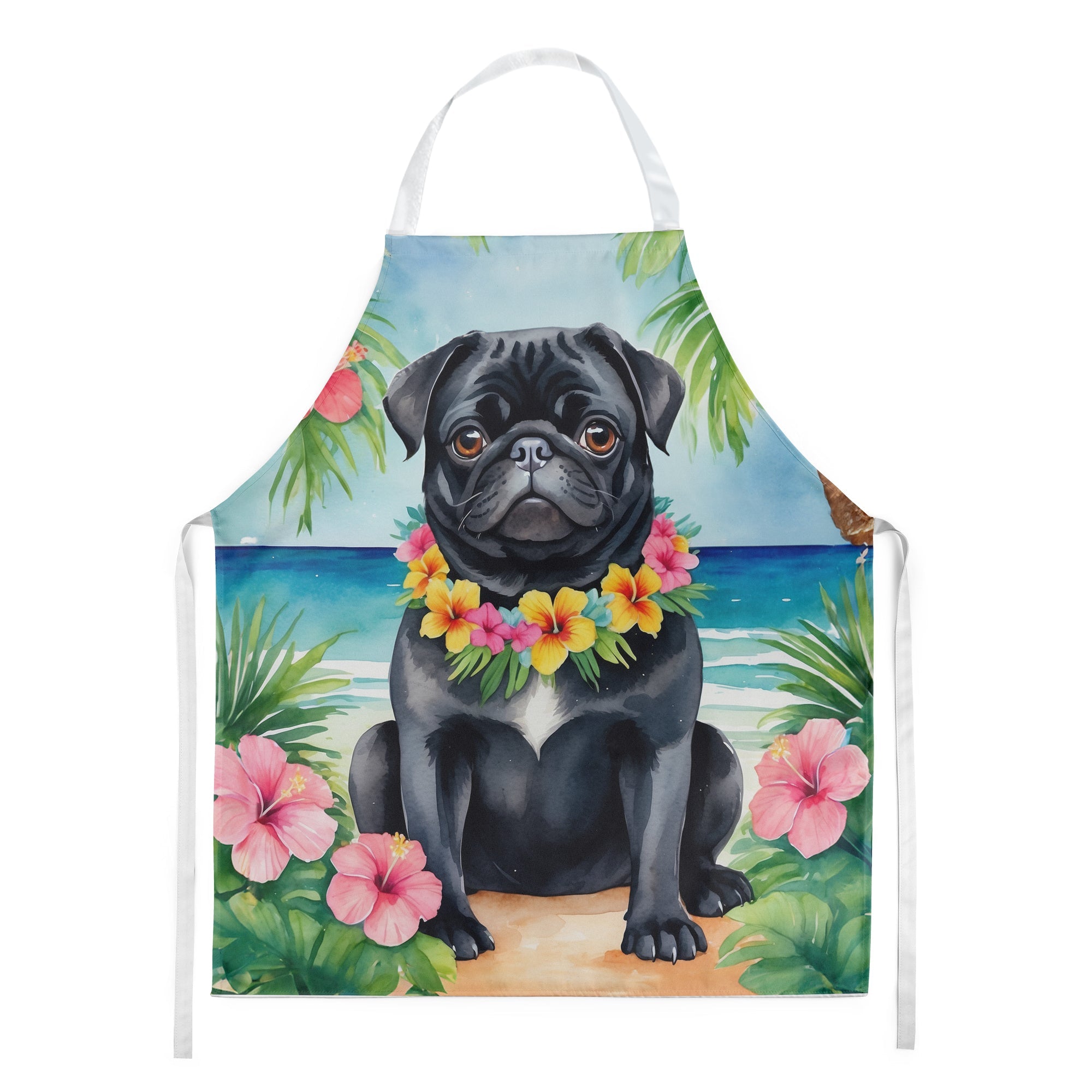 Black Pug Luau Apron Cooking Kitchen Server Baking Crafts Gardening for Adult Women Men, Unisex, Large, Multicolor