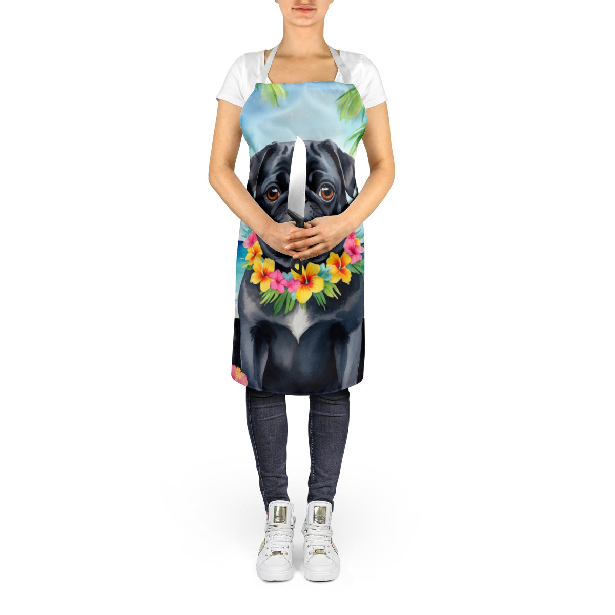 Black Pug Luau Apron Cooking Kitchen Server Baking Crafts Gardening for Adult Women Men, Unisex, Large, Multicolor