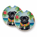 Black Pug Luau Set of 2 Cup Holder Car Coasters Absorbent Round Sandstone Coasters Gifts for Men or Women, 2.5, Multicolor