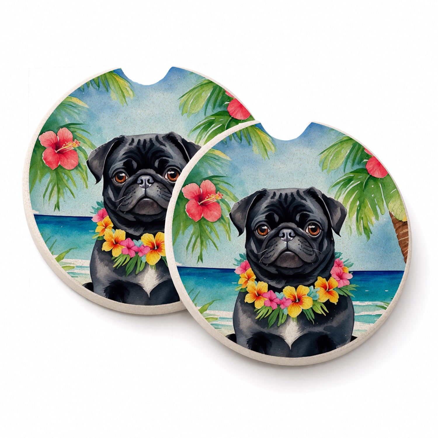 Black Pug Luau Set of 2 Cup Holder Car Coasters Absorbent Round Sandstone Coasters Gifts for Men or Women, 2.5, Multicolor