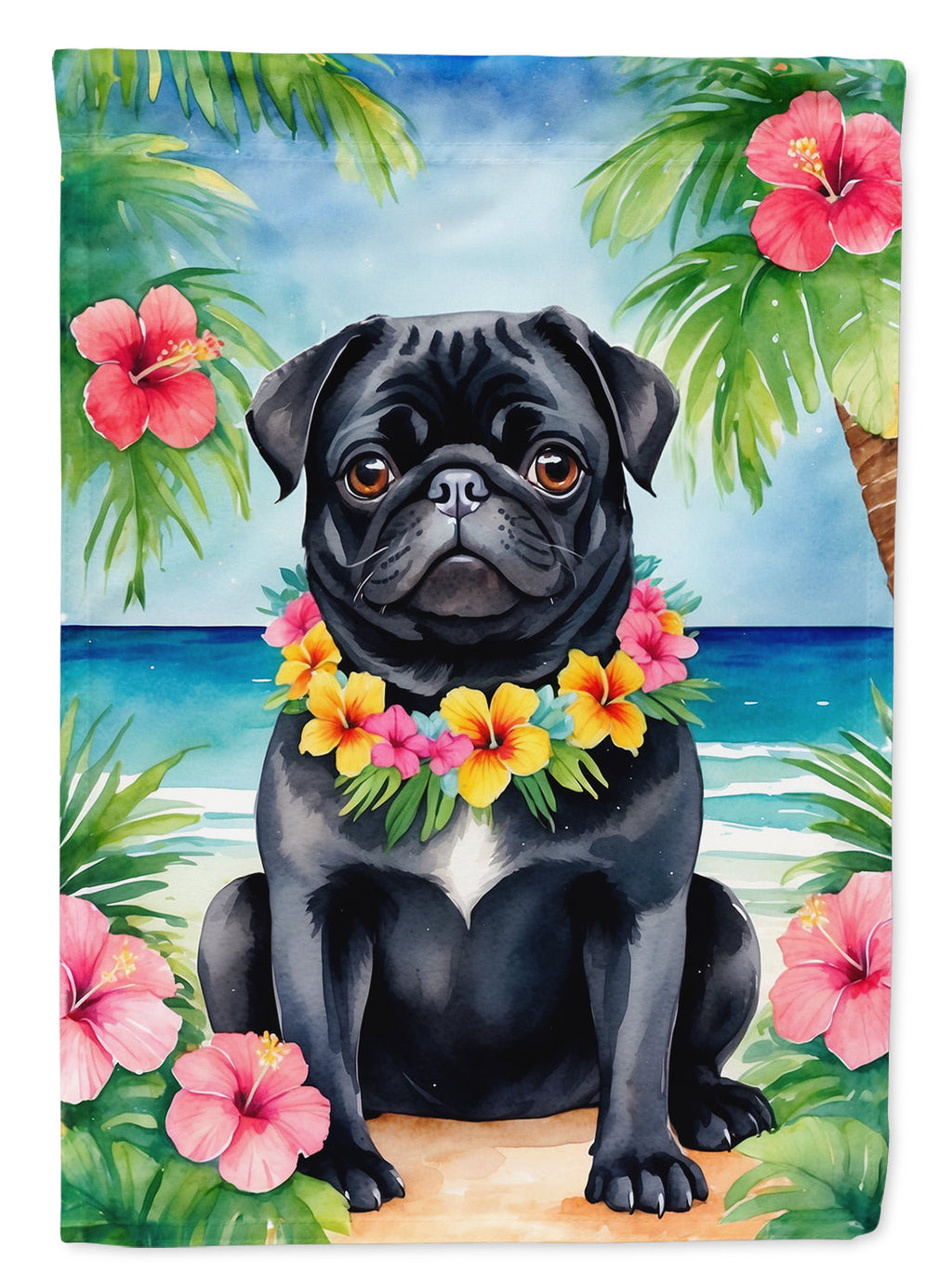Black Pug Luau House Flag 28x40 Porch Sleeve Pole Decorative Outside Yard Banner Artwork Wall Hanging, Polyester