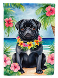 Black Pug Luau House Flag 28x40 Porch Sleeve Pole Decorative Outside Yard Banner Artwork Wall Hanging, Polyester