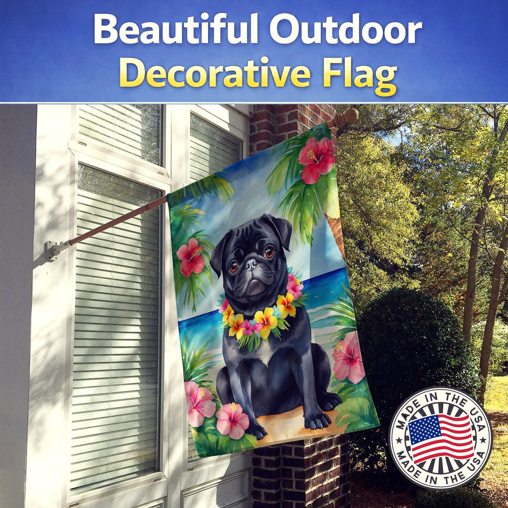 Black Pug Luau House Flag 28x40 Porch Sleeve Pole Decorative Outside Yard Banner Artwork Wall Hanging, Polyester
