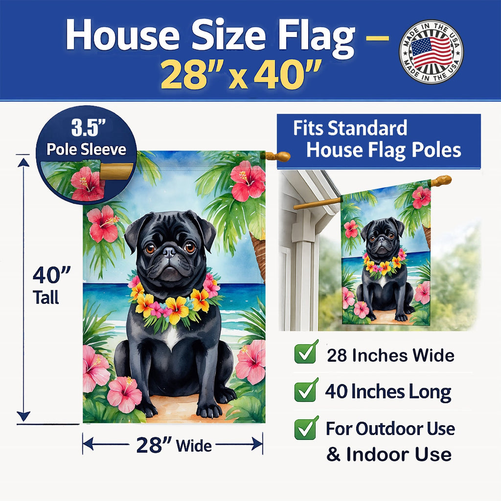 Black Pug Luau House Flag 28x40 Porch Sleeve Pole Decorative Outside Yard Banner Artwork Wall Hanging, Polyester