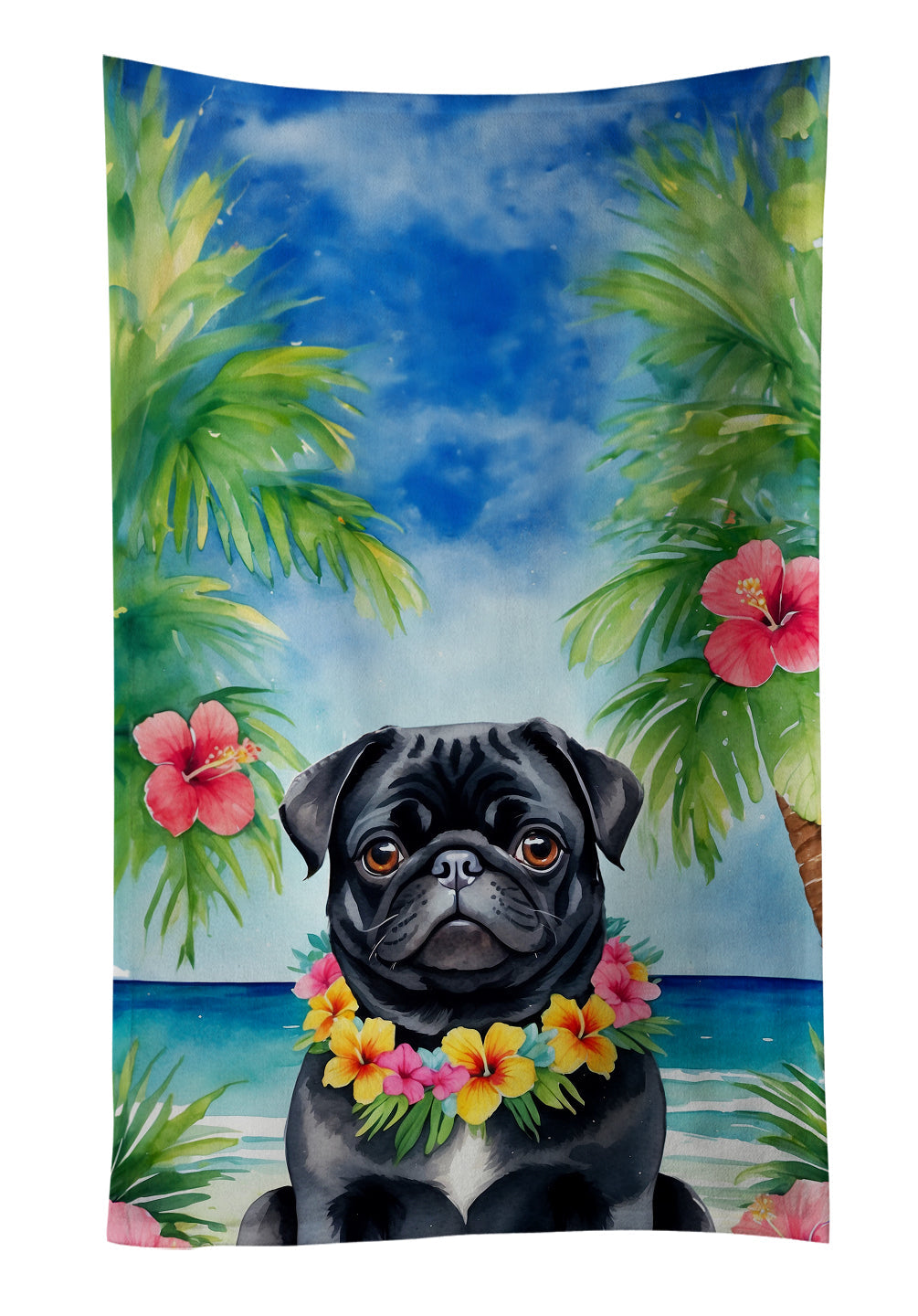 Black Pug Luau Kitchen Towel Velour Plush Front and Cotton Loop Back Machine Washable