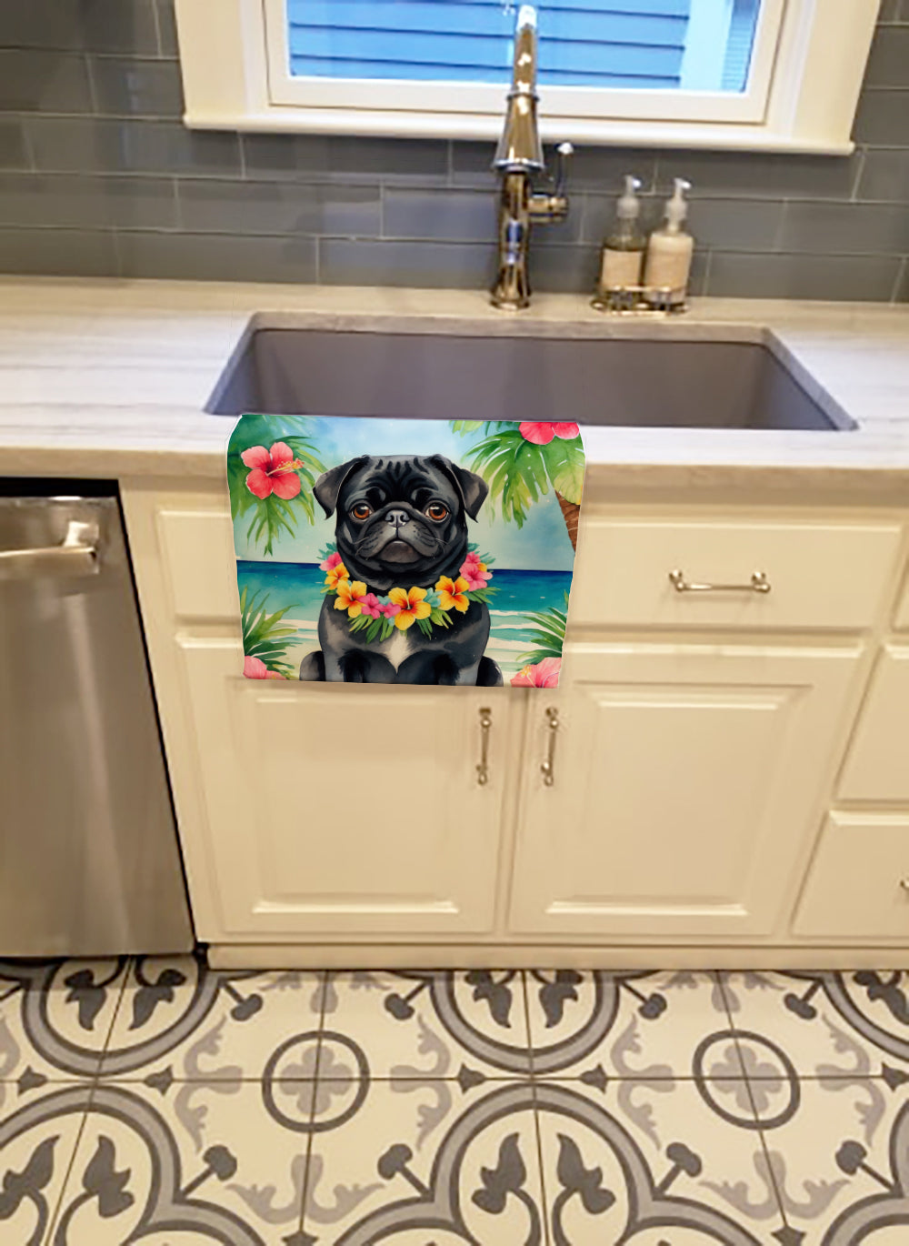Black Pug Luau Kitchen Towel Velour Plush Front and Cotton Loop Back Machine Washable