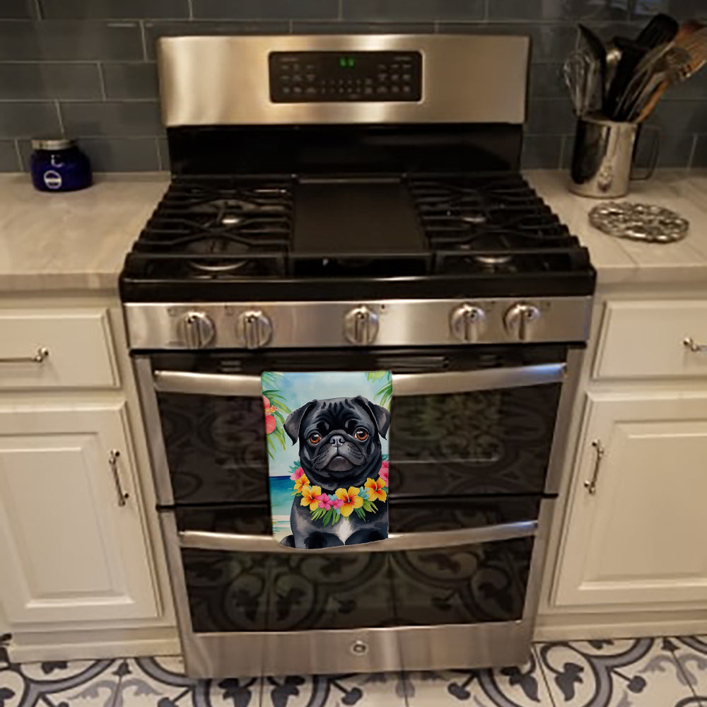 Black Pug Luau Kitchen Towel Velour Plush Front and Cotton Loop Back Machine Washable