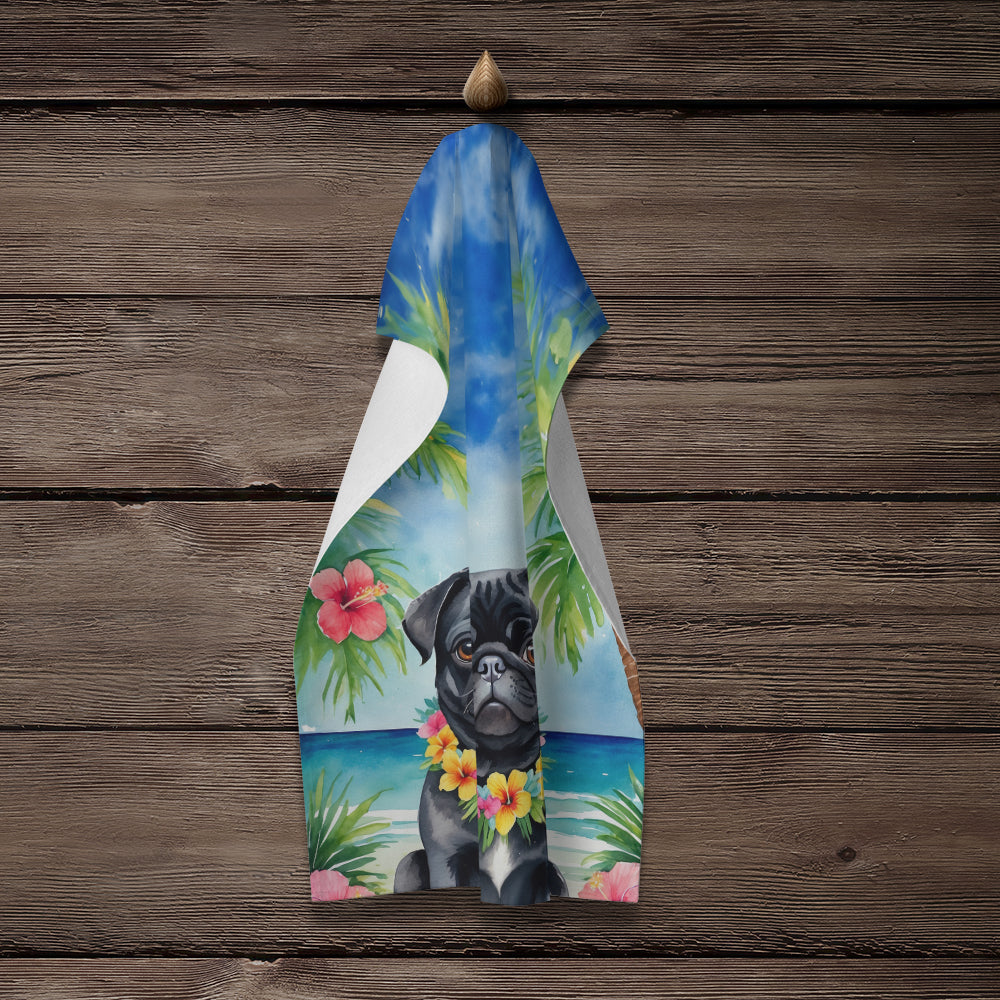 Black Pug Luau Kitchen Towel Velour Plush Front and Cotton Loop Back Machine Washable