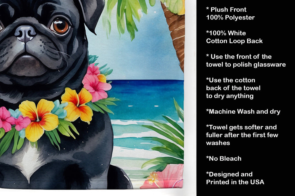 Black Pug Luau Kitchen Towel Velour Plush Front and Cotton Loop Back Machine Washable