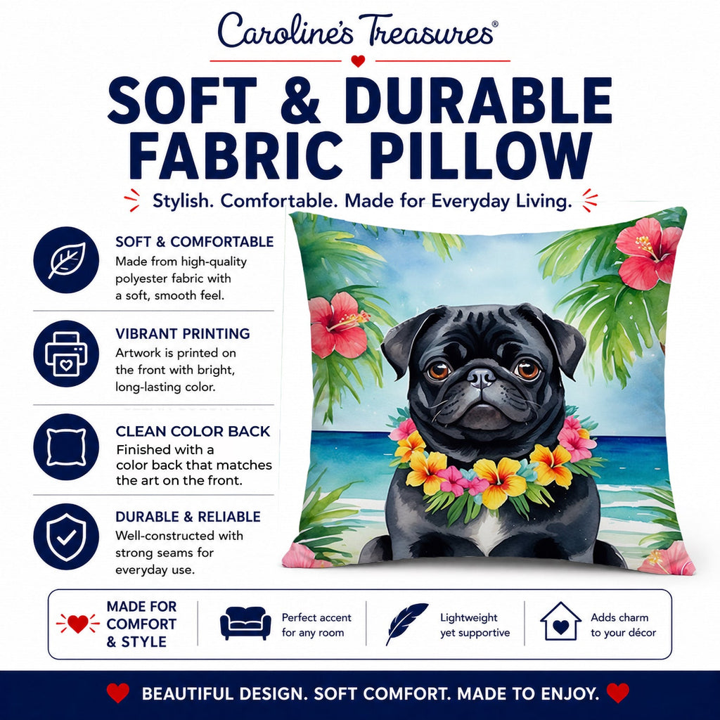 Black Pug Luau Decorative Throw Pillow 14x14 Indoor Outdoor Accent Cushion, Fabric Cover with Insert for Sofa, Bed, Porch & Living Room