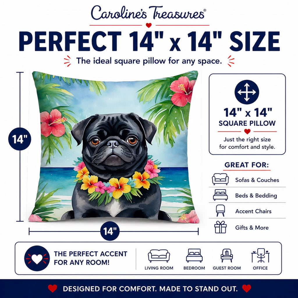 Black Pug Luau Decorative Throw Pillow 14x14 Indoor Outdoor Accent Cushion, Fabric Cover with Insert for Sofa, Bed, Porch & Living Room