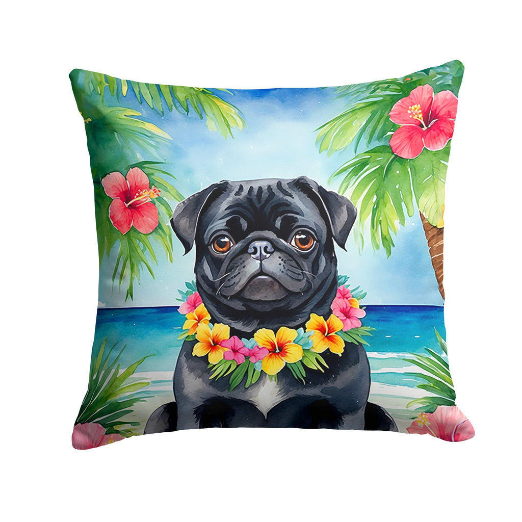 Black Pug Luau Decorative Throw Pillow 18x18 Indoor Outdoor Accent Cushion, Fabric Cover with Insert for Sofa, Bed, Porch & Living Room