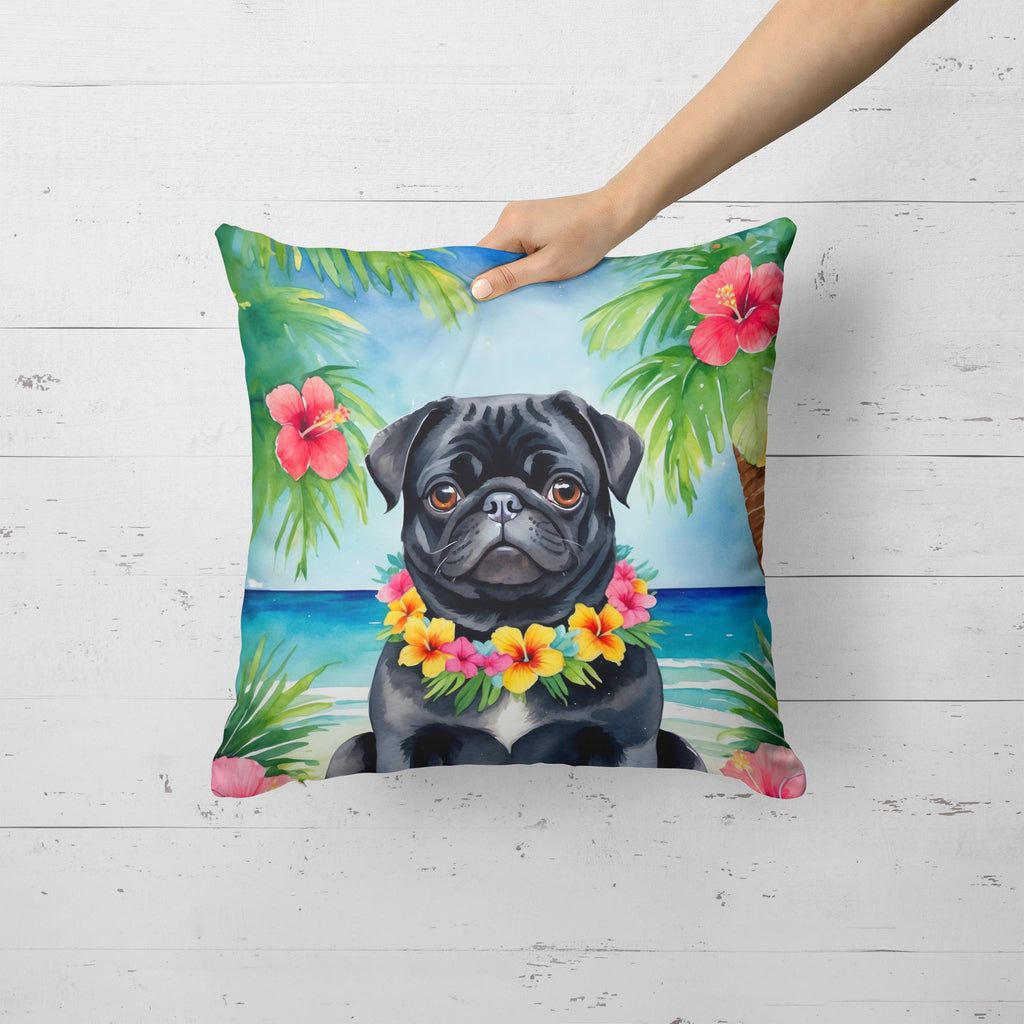 Black Pug Luau Decorative Throw Pillow 18x18 Indoor Outdoor Accent Cushion, Fabric Cover with Insert for Sofa, Bed, Porch & Living Room