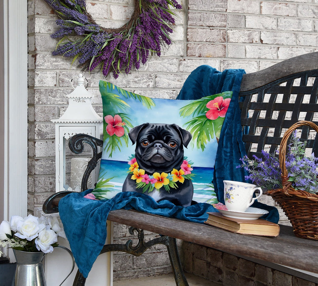 Black Pug Luau Decorative Throw Pillow 18x18 Indoor Outdoor Accent Cushion, Fabric Cover with Insert for Sofa, Bed, Porch & Living Room