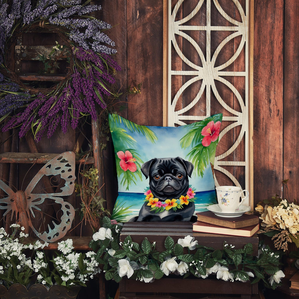 Black Pug Luau Decorative Throw Pillow 18x18 Indoor Outdoor Accent Cushion, Fabric Cover with Insert for Sofa, Bed, Porch & Living Room