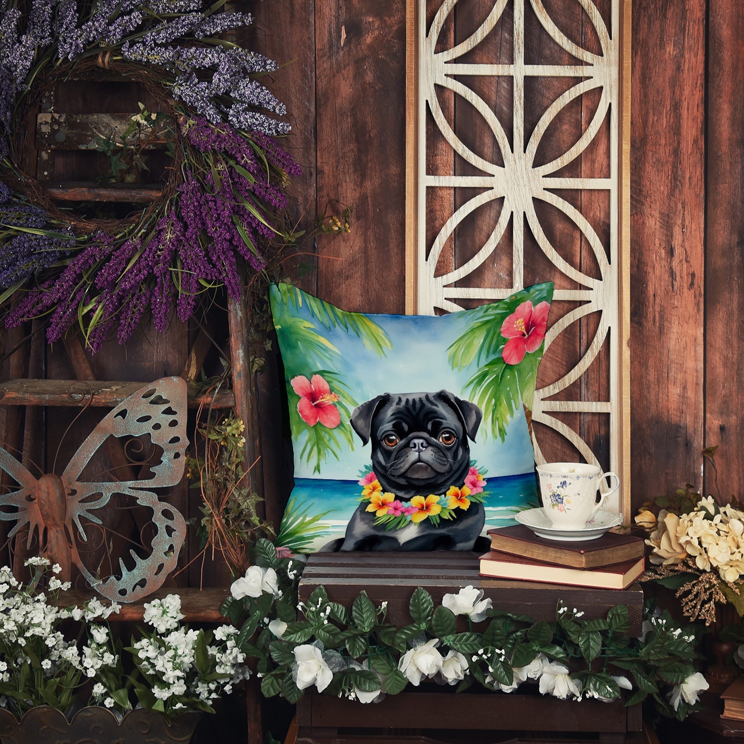 Black Pug Luau Decorative Throw Pillow 18x18 Indoor Outdoor Accent Cushion, Fabric Cover with Insert for Sofa, Bed, Porch & Living Room