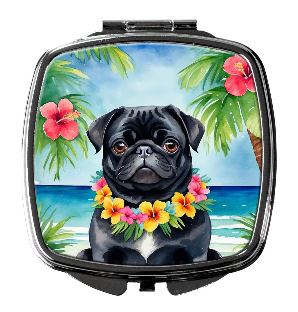 Black Pug Luau Compact Mirror Decorative Travel Makeup Mirror for Women Girls Gifts Pocket Makeup Mirror Folding Handheld