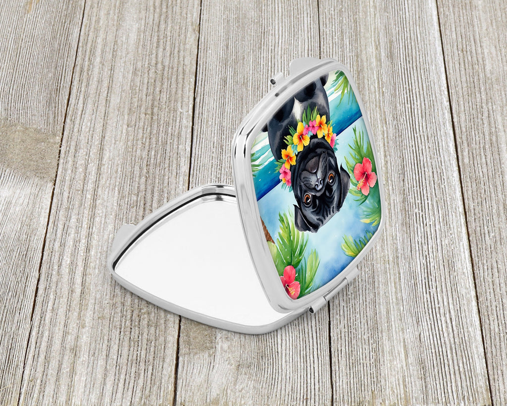 Black Pug Luau Compact Mirror Decorative Travel Makeup Mirror for Women Girls Gifts Pocket Makeup Mirror Folding Handheld