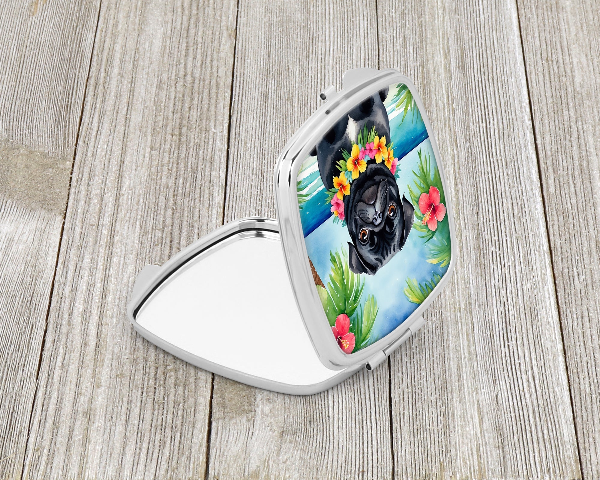 Black Pug Luau Compact Mirror Decorative Travel Makeup Mirror for Women Girls Gifts Pocket Makeup Mirror Folding Handheld