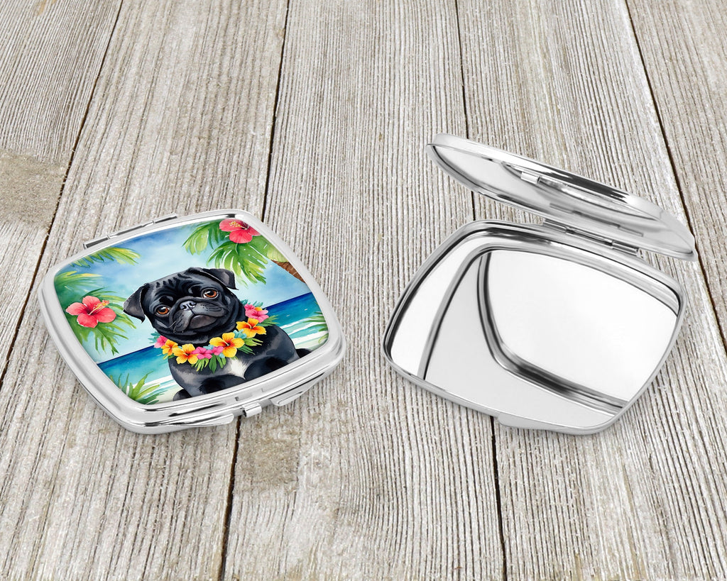 Black Pug Luau Compact Mirror Decorative Travel Makeup Mirror for Women Girls Gifts Pocket Makeup Mirror Folding Handheld