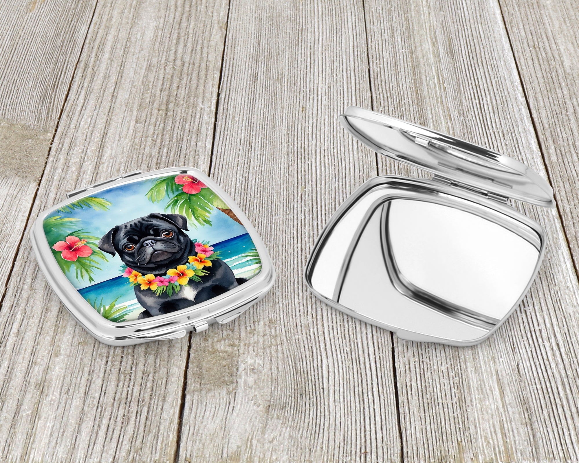 Black Pug Luau Compact Mirror Decorative Travel Makeup Mirror for Women Girls Gifts Pocket Makeup Mirror Folding Handheld