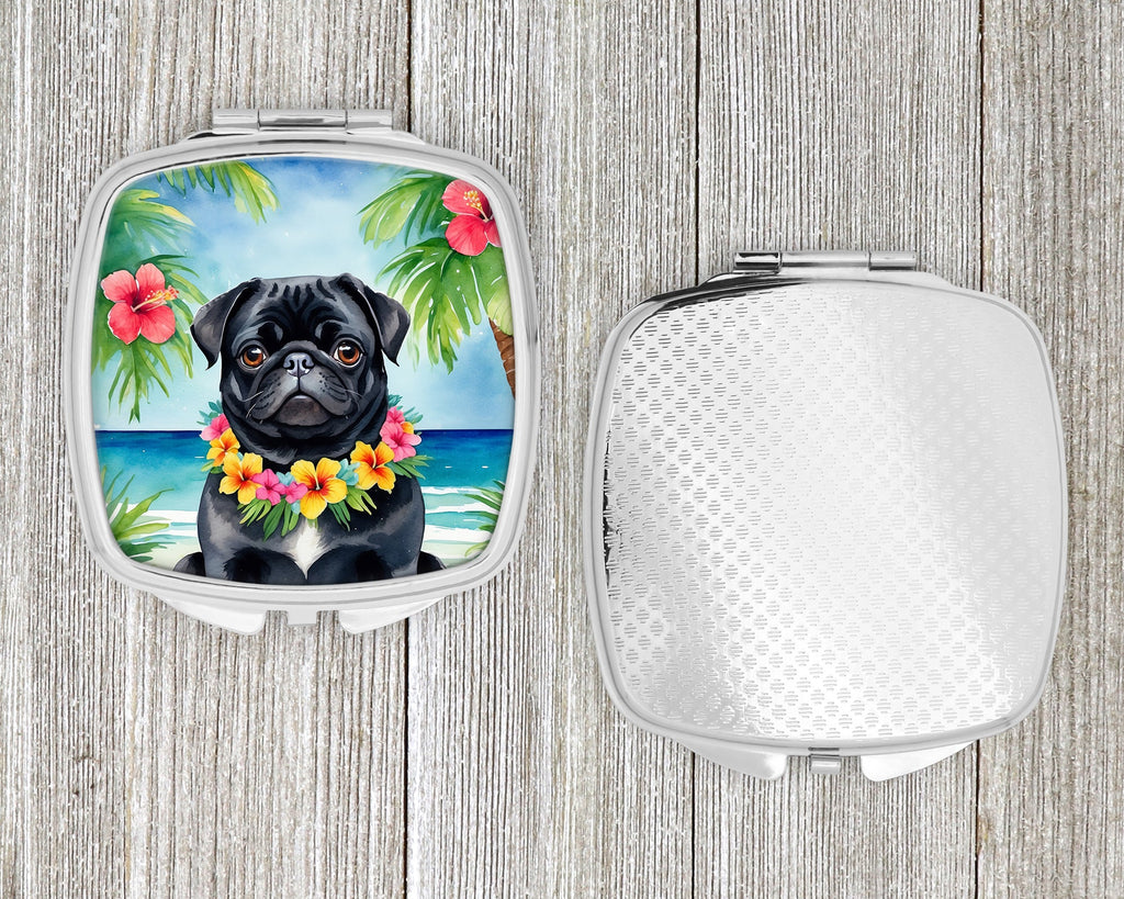 Black Pug Luau Compact Mirror Decorative Travel Makeup Mirror for Women Girls Gifts Pocket Makeup Mirror Folding Handheld
