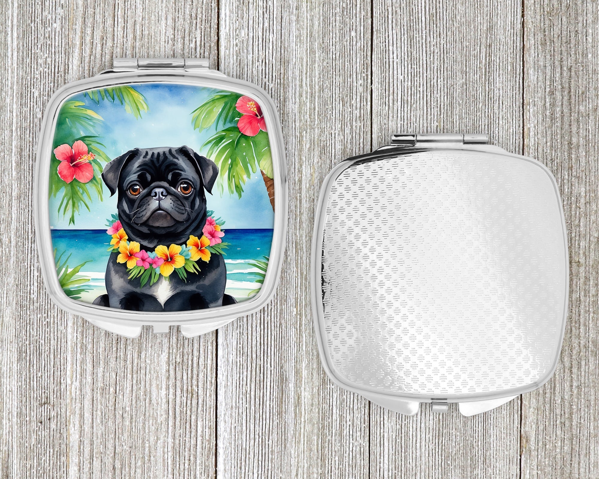 Black Pug Luau Compact Mirror Decorative Travel Makeup Mirror for Women Girls Gifts Pocket Makeup Mirror Folding Handheld