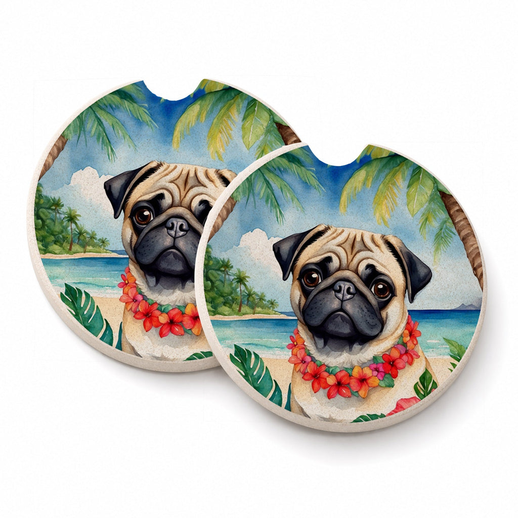 Pug Luau Set of 2 Cup Holder Car Coasters Absorbent Round Sandstone Coasters Gifts for Men or Women, 2.5, Multicolor