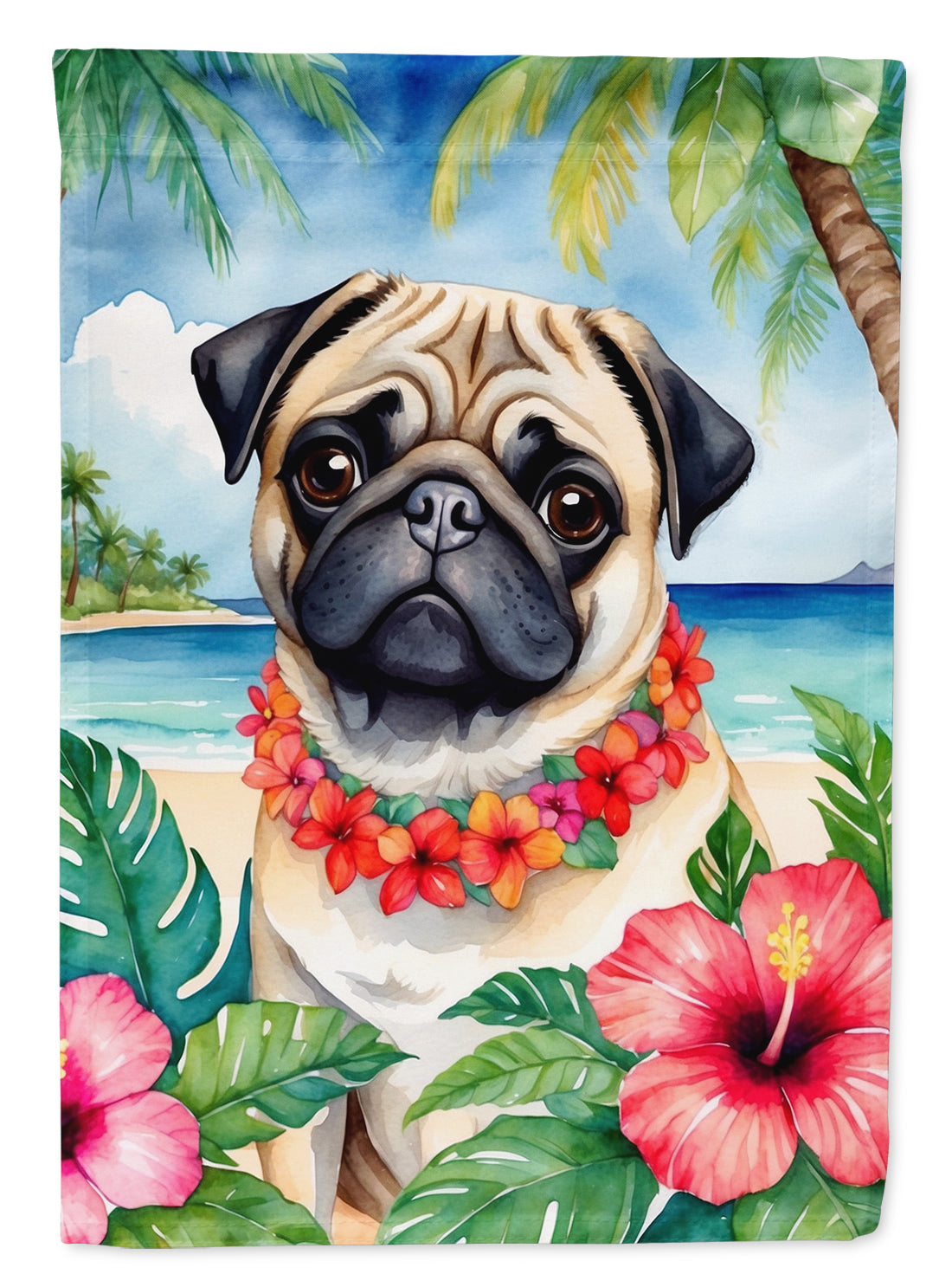 Pug Luau House Flag 28x40 Porch Sleeve Pole Decorative Outside Yard Banner Artwork Wall Hanging, Polyester